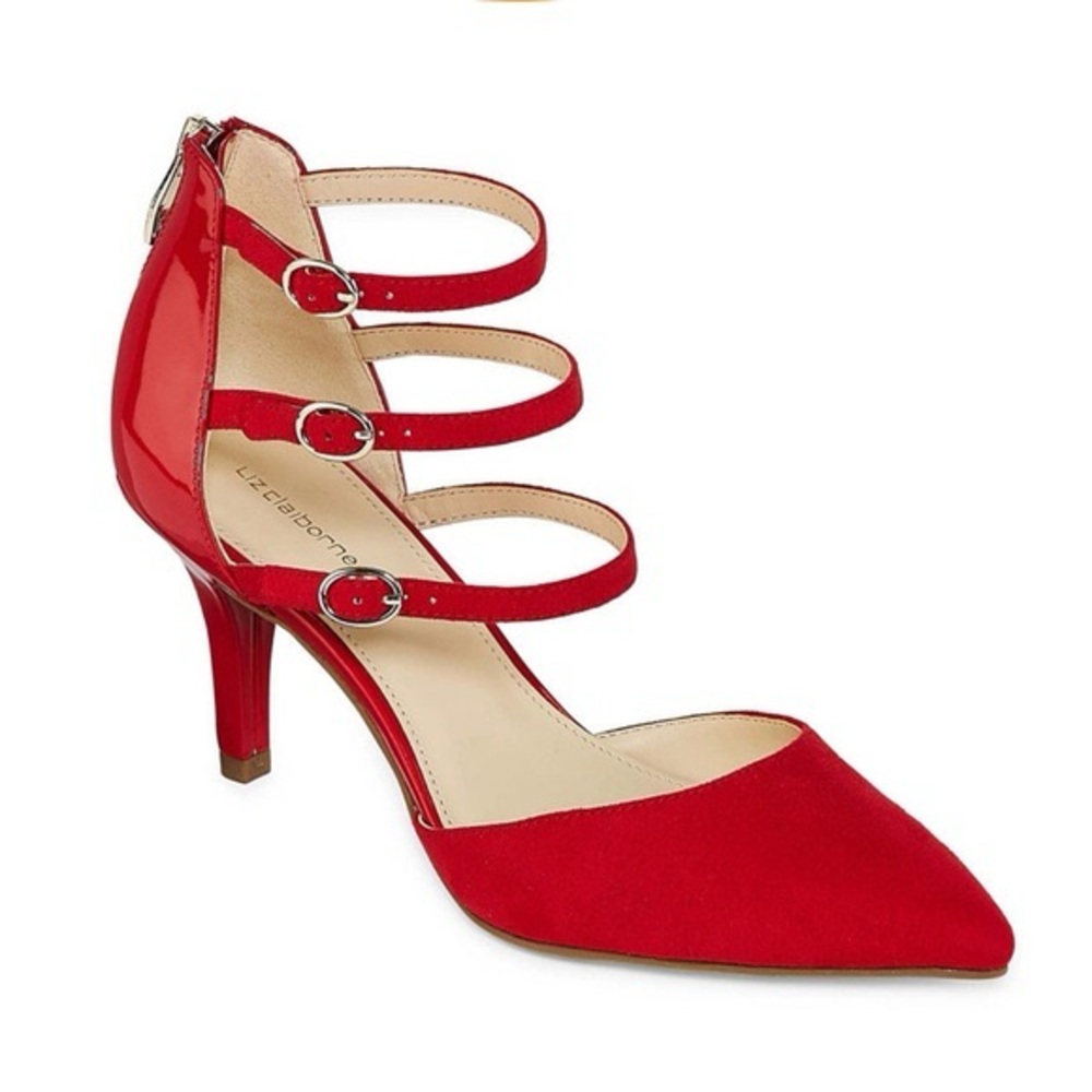 Liz Claiborne Red Hara Triple Strap Pointed Toe Pumps Heels‎ 6.5 Ankle Buckle